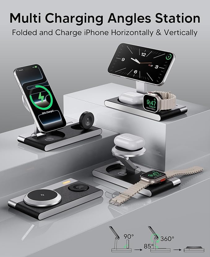 Foldable 3 in 1 Magnetic Wireless Charging Station for Apple Devices, Leather-Like Fast Wireless Charger Dock with Night Light for Magsafe iPhone 17/16/15/14, Apple Watch, AirPod,Gift for Men