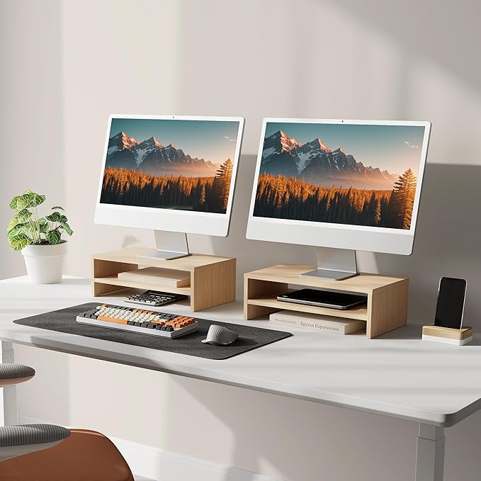 FITUEYES Computer Monitor Riser Stand Clamp Desktop Stand Workspace Organizer 2-Pack (Oak)