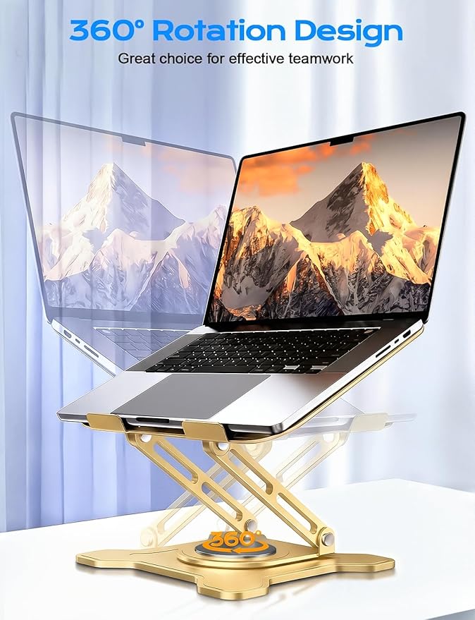 Adjustable Laptop Stand for Desk, 360° Rotating Base Ergonomic Computer Stand, Laptop Riser Foldable Protable for Office Home Fits Compatible with MacBook Pro/Air Notebook up to 10-16" Gold