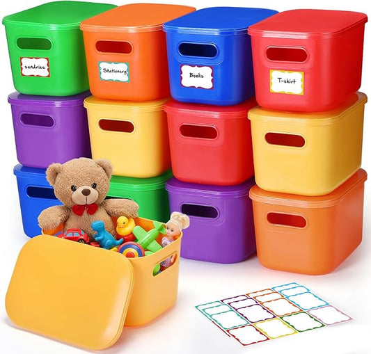 Thyle 18 Pack Colorful Plastic Storage Bins with Lids 7 Quart Vibrant Colored Toy Storage Box Stackable Nestable Organizer Box with Handle and Label for Classroom Shelf Bedroom Desktop School Supplies