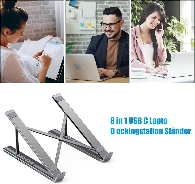 Ergonomic Notebook Dock ??Laptop Stand Workstation | Multiport usb c Adapter 8 in 1 Hub with Fast Charge, Adjustable Height Tablet Holder, Desktop Organizer for Remote Office, Home Study, gameng Setup