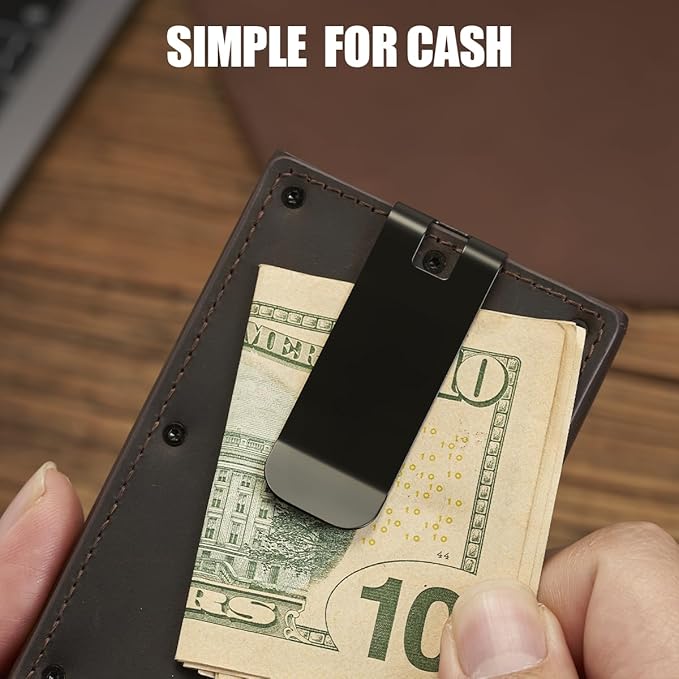 Wallet for Men，Slim Minimalist Smart Wallet for Men With Money Clip Genuine Leather Card Holder RFID Blocking Metal Aluminum Pop Up Card Wallet with ID Window Gift