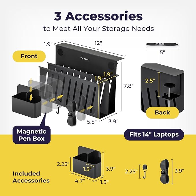 Volcora Side Storage, Under Laptop Holder, No Drill Organizer with Magnetic Pen Box, Cable Clamp, Hanging Organizer, Desk Mount File Holder for Office and Home, 2 Tier Black