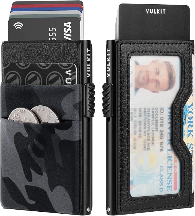 VULKIT Minimalist Wallet with ID Window & EDC Pocket Pop Up Card Holder RFID Blocking Slim Wallet Design for Airtag Cash Coins & Credit Cards