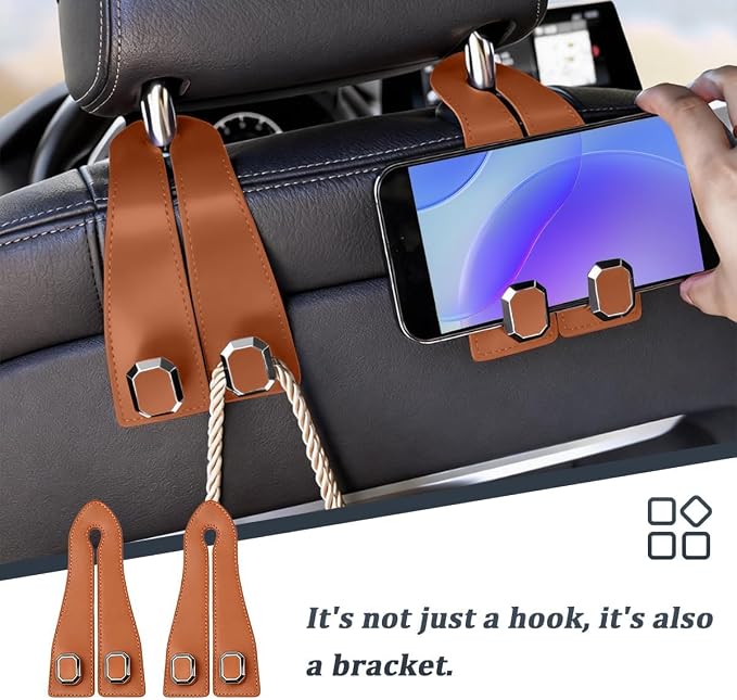 2PCS Car Headrest Hooks, Nappa Leather Metal Vehicle Double Seat Back Storage Hook for Purse Bag Coat, Multifunctional Automotive Interior Hanging Hanger, Universal Fit (Orange)