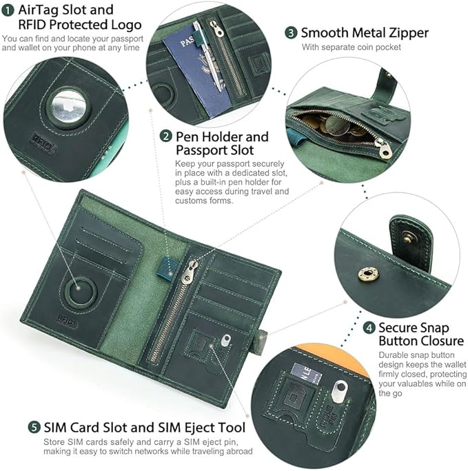 CONTACTS Full Grain Leather Passport Holder Compatible with Airtag RFID Blocking Passport Wallet for Men Travel Passport Cover with SIM Card Removal Tool (Badge, Green)