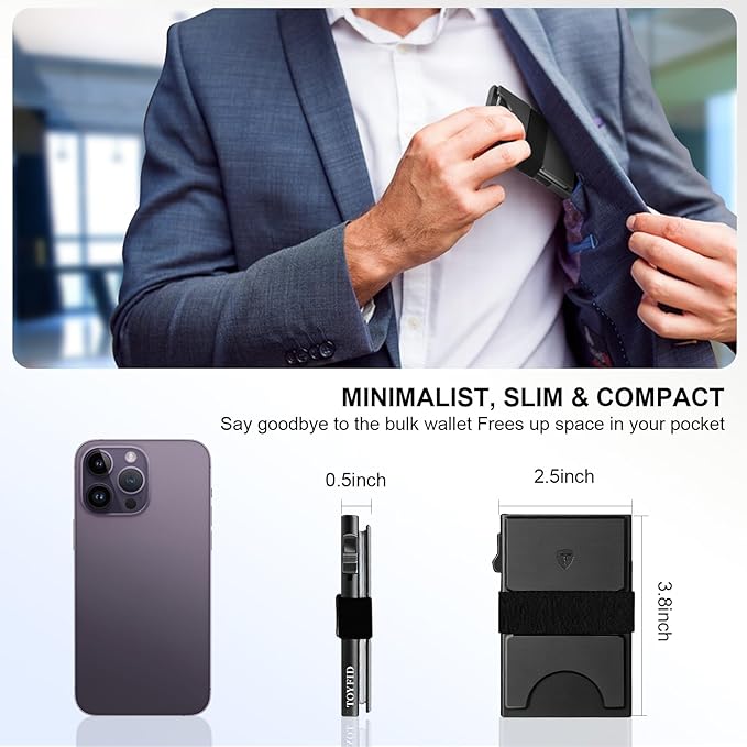 TOYFID Slim Wallet for Men,Black RFID Blocking Card Holder with Expandable Backplate Money Clip & ID Window Quick Access Minimalist Metal Pop Up Wallet,Holds 12+ Credit Cards/Passport/ID Cards