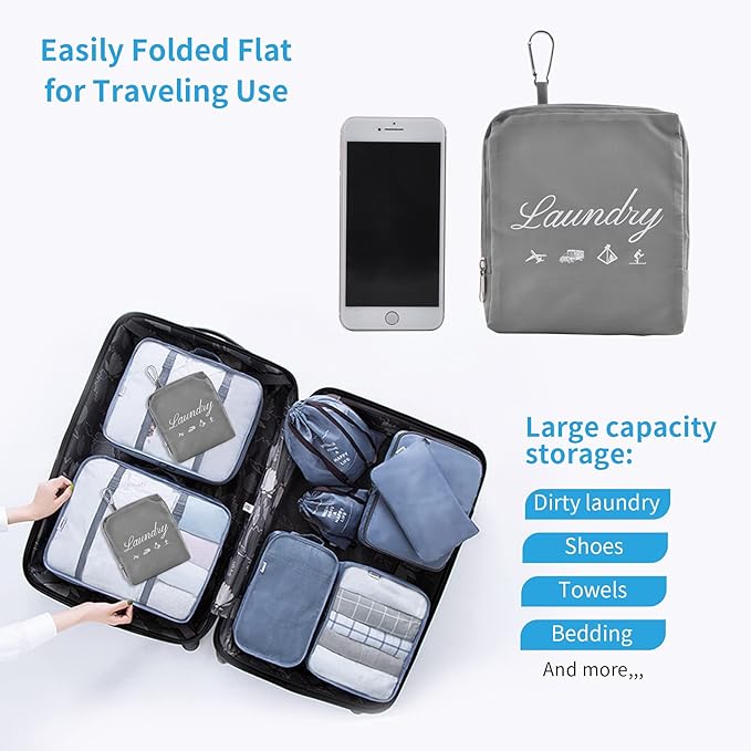 2 Pcs Travel Laundry Bags, JHX Dirty Clothes Organizer【Upgraded】with Handles and Aluminum Carabiner, Collapsible Laundry Bag for Travel, Camp, Fitness, and Students（Grey） 24"L x 21"W
