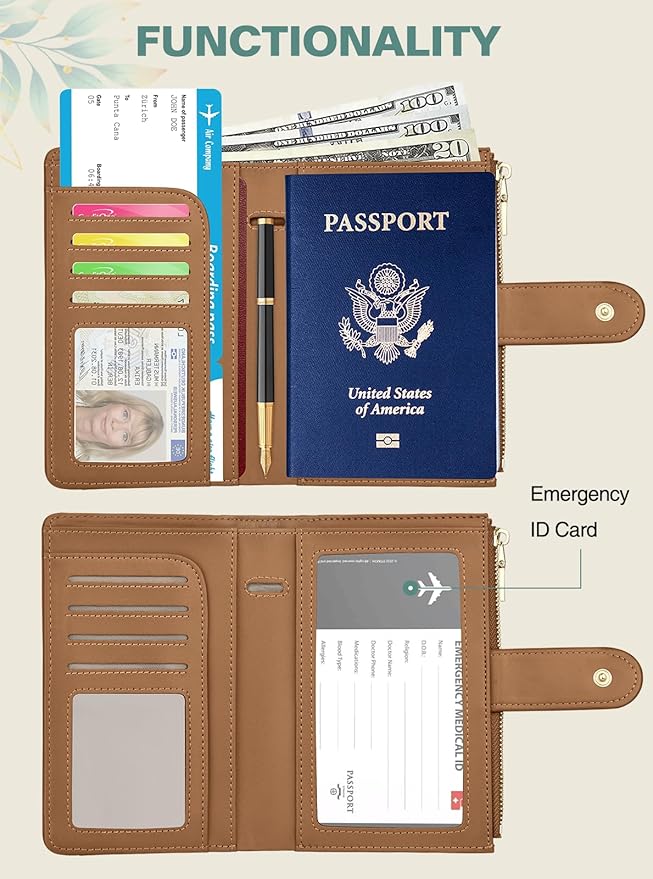 Passport Holder for Travel, Leather Passport Wallet with Airtag Slot, RFID Blocking Travel Wallet for Women Men, Passport Cover with Air Ticket Card Cash Coin Pocket, Travel Essentials Gift