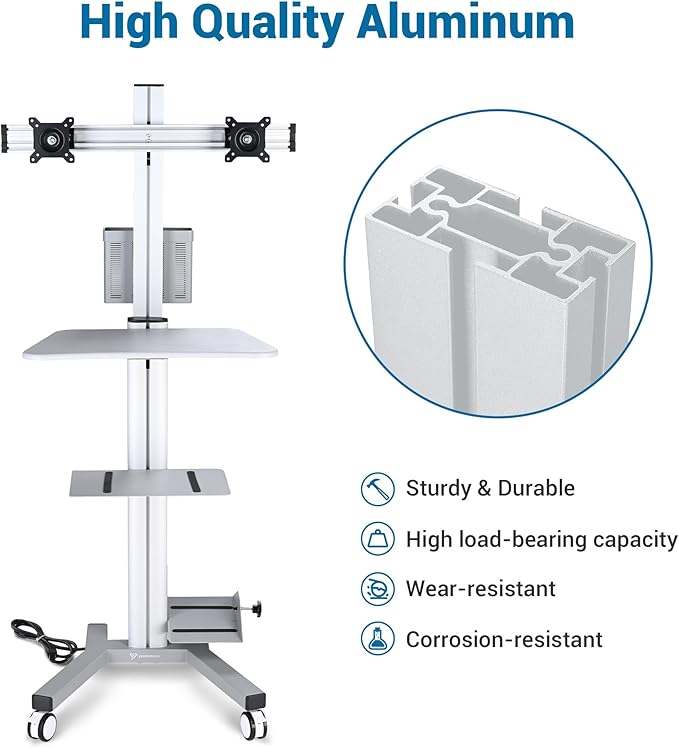 AW 32" Mobile PC Stand Workstation, Height Adjustable Dual Monitor Mount, Rolling Computer Cart on Wheels, Silver