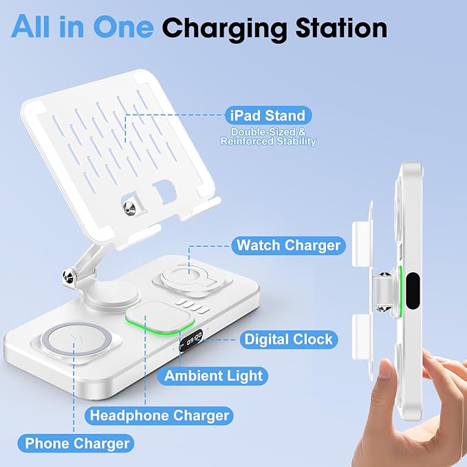 6 in 1 Wireless Charger for Apple Multiple Devices, Charging Station with Clock &7 Color Ambient Light, Foldable Rotate Stand for iPad, for iPhone17/16/15, Support for Apple Watch11/10 For AirPods4