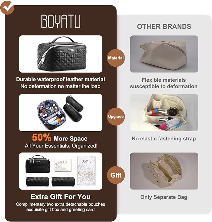 BOYATU Travel Makeup Bags for Women: 3 Pcs Large Make up Bags Set - Vegan Leather Cosmetic Bag for Traveling - Waterproof Toiletry Organizer (L05 Black)