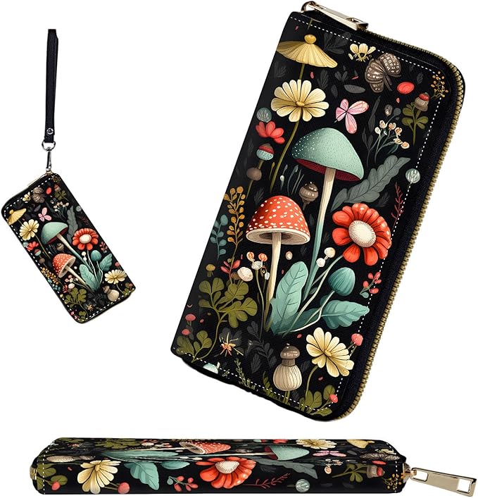RFID-Blocking Zip Around Wallets for Women with Detachable Wrist Strap,Large Capacity Phone Holder with Card Organizer & Coin Pocket,Mushroom Forest
