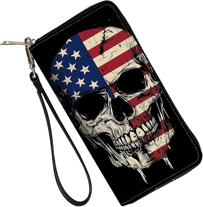 RFID Blocking Leather Wallet for Women – Large Capacity Zip Around Clutch with 8 Card Slots,39 Cash Pockets & Coin Zipper,Skull American Flag