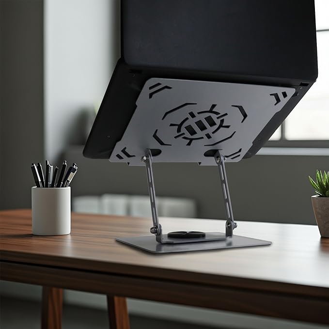 ENHANCE R1 Rotating Laptop Stand with 3 Cable Holders - Adjustable Laptop Riser for Desk, Metal Foldable Laptop Stand, Laptop Cooling Holder Compatible with Dell, Apple, Lenovo Laptops, More - Silver