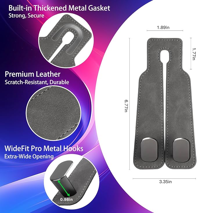2Pcs Wide Car Headrest Hooks for Purses and Bags, 2026 Upgraded 0.98” Wide Opening for Thick Bag Handles, Premium Leather Car Seat Hanger with Dual Metal Hooks, WideFit Gray