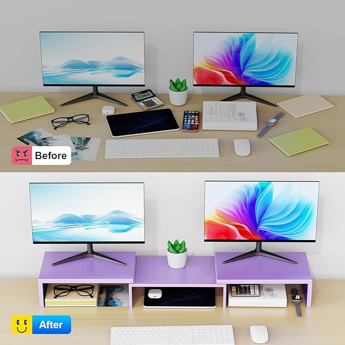 Desk Organizers and Accessories, Dual Monitor Stand Riser, Monitor Desk Shelf for Desktop Organization (Purple)