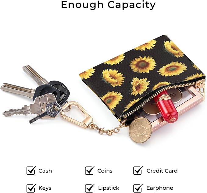 Sunflower Keychain Coin Purse for Women, Small PU Leather Change Pouch, Zipper Little Tiny Travel Wallet for Girls, Cute Kawaii Zip Pocket Coin Holder with Key Ring