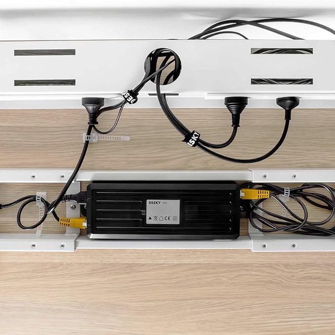 Desky Mini Cable Tray – Under Desk Wire Organizer with Mounting Screws, Compact Metal Cable Management Tray for Office Desks – Grey, 4 Plug