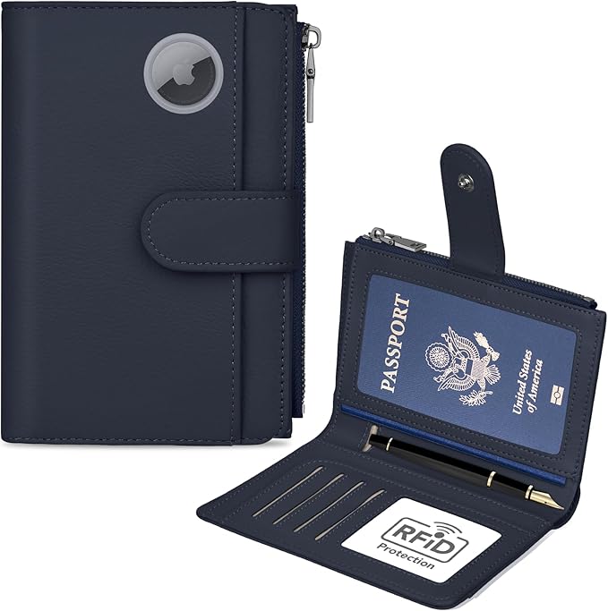 Passport Holder for Travel, Leather Passport Wallet with Airtag Slot, RFID Blocking Travel Wallet for Women Men, Passport Cover with Air Ticket Card Cash Coin Pocket, Travel Essentials Gift