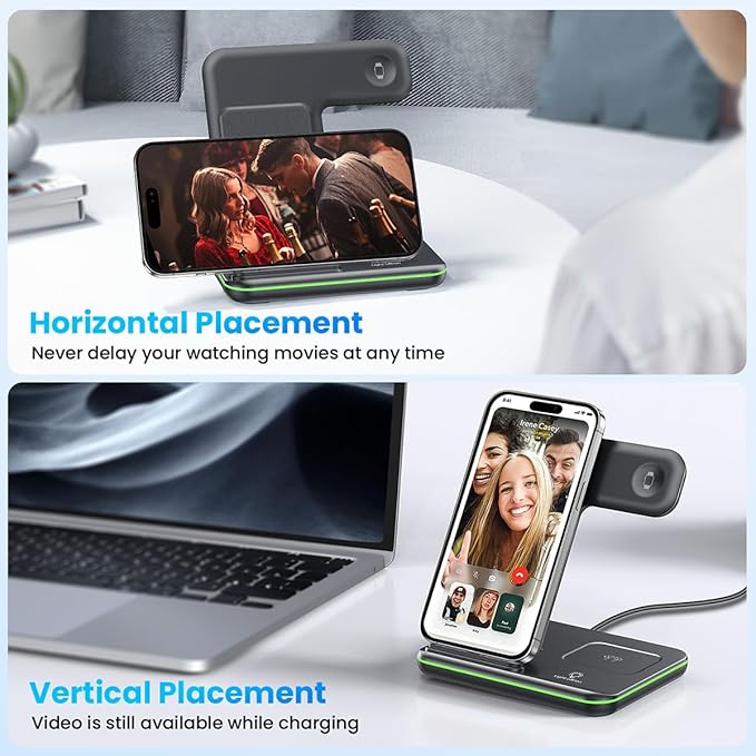 WAITIEE Foldable Wireless Charger for iPhone 17 16 15 14 13 12 11 X 8, 3 in 1 Charging Station for Apple Watch & for AirPods (Black)