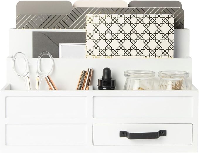 BLU MONACO | White Desktop Organizer with Drawer Storage | Tabletop Organizer with Drawers for Paper Bills Mail | Wooden Mail Organizer for Countertop Workspace