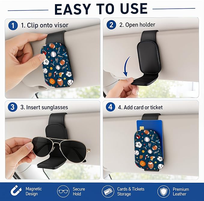 Leather Magnetic Sunglass Holder for Car Sun Visor, Cute Eyeglass Ticket Card Hanger Clip, Universal Auto Interior Accessories for SUV Pickup Truck, Sports Ball