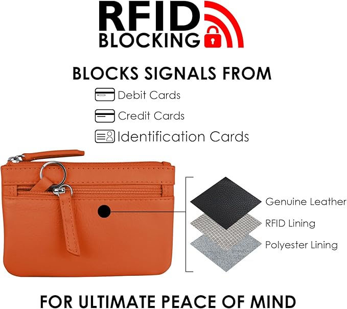 ili New York Mini Leather Coin Purse, Compact Design with Key Ring and RFID Protection for Women and Men in Vibrant Colors, Orange