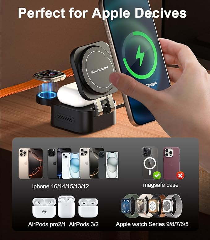ULiXWH Retractable 3 in 1 Charging Station for Apple [Built in Cable] 22.5W Fast for Magsafe Wireless Charger, Travel Essentials, Magnetic Foldable Stand for iPhone 17 Air Pro Max 16 15 iWatch Airpods