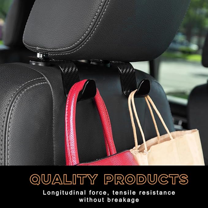 povtii 4PCS Car Seat Headrest Hook, Auto Back Seat Hanging Storage Organizer, Vehicle Seatback Hanger Holder for Purse Handbag Coat Umbrella, Universal Interior Car Accessories (Carbon Fibre Black)