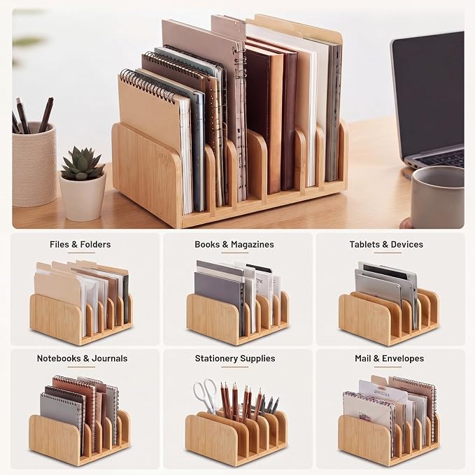 Lineshading Bamboo Letter Organizer, 5 Compartments Desk Mail Organizer, Desktop Envelope Holder and Letter Sorter, Countertop Paper File Holders with Anti Slip Mat for Home Office(Bamboo Color)