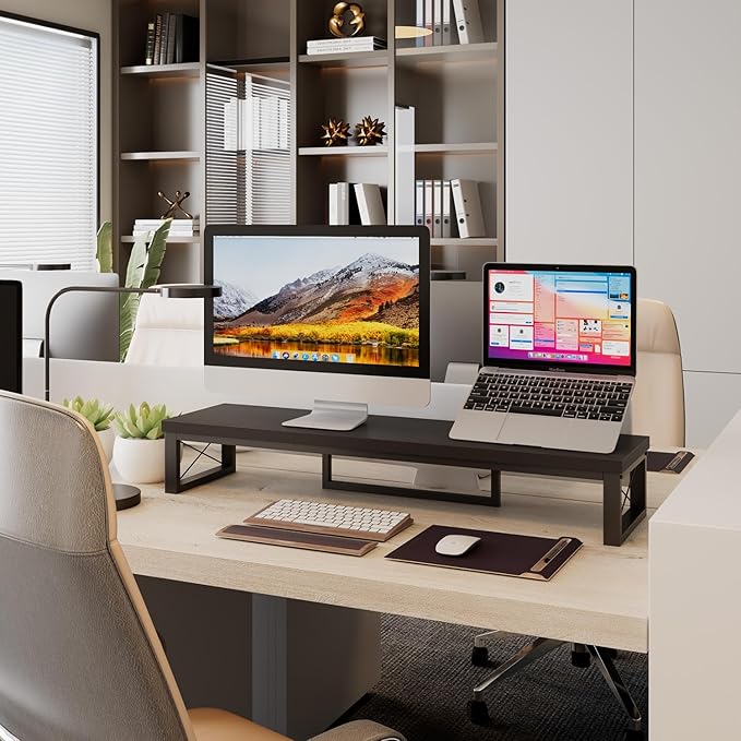 IBUYKE Large Dual Monitor Stand Riser for 2 Monitors, Wooden Desktop Computer Monitor Stand Storage Shelf and Steel Legs,Dual Screen Office Desk,Monitor Riser for Computer, Printer,Laptop,TV,Black UTDJ002B