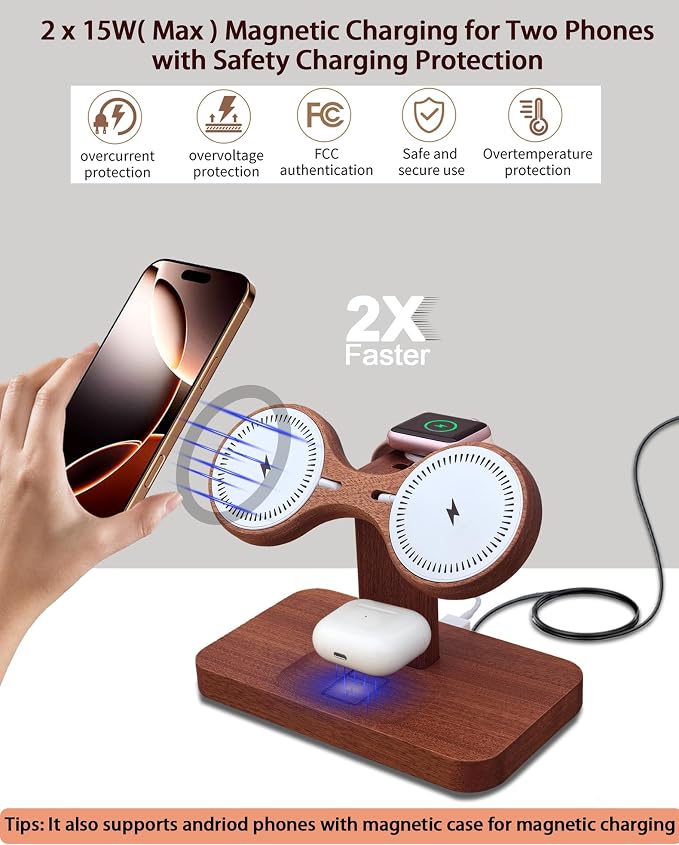 Magnetic Dual Wireless Charger for Apple Multiple Devices,Two Phone Charging Station for iPhone 17/16/15/14/13,AirPods & Apple Watch,Wood Charger Stand Desk Organizer,Gift for Men Dad Boyfriend