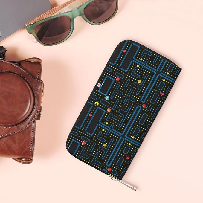 Retro Video Game Pattern Wallet for Men Women Elegant Long Clutch Zip Around Travel Leather Coin Purse Large Capacity Credit Card Holder Handbag