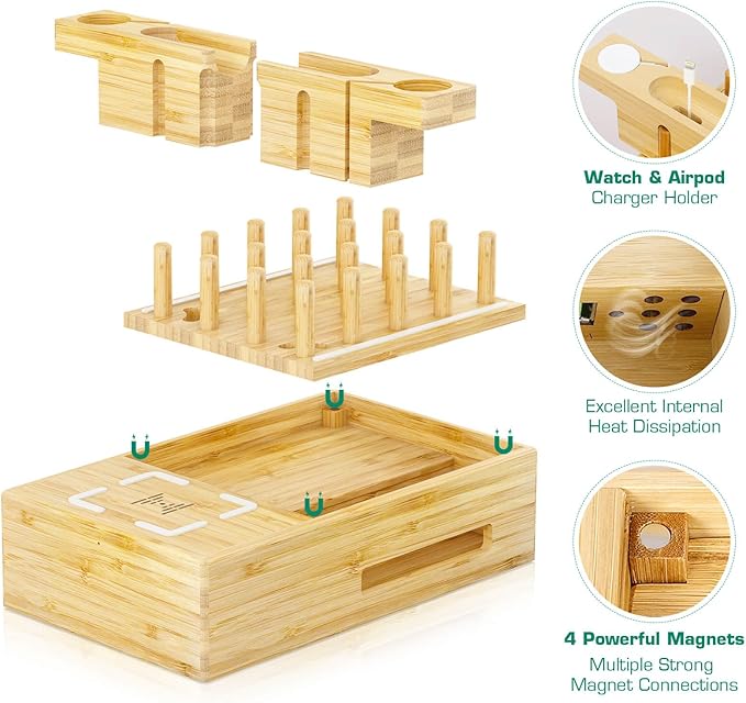 Darfoo Bamboo Phone Charging Station for Multiple Devices - Qi Certified Fast Wireless Charger & 7 USB Ports for All Phones, Tablets, Smart Watches & Earbuds (2 Stands)