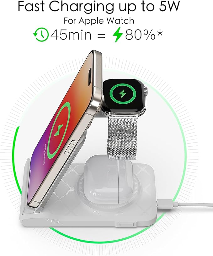 3 in 1 Charging Station for Multiple Devices,Travel Wireless Charging Station, Foldable Charger for iPhone 16/15/14/13/12/SE/11/X/8 Series,& Android Phone,& AirPods,& iWatch (Adapter Not Included)