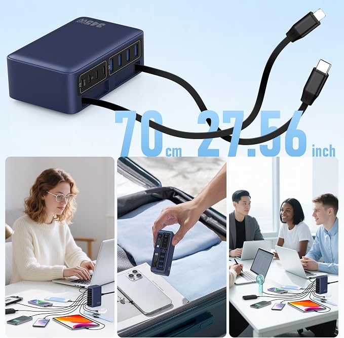 345W USB C Charger 10 in 1 Retractable Wall Charger with 2 Cables,GaN 6 USB C Charging Station Phone Charging PD Laptop Charger Adapter for MacBook Pro/Air,DELL,iPhone17/16/15,Galaxy S24,Android etc
