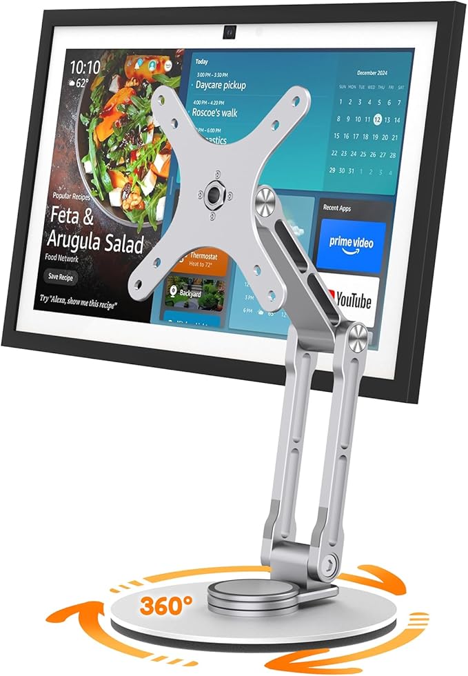 Swivel and Tilt Stand for Echo Show 15 (Gen 1, Gen 2), Portable Monitor Stand, Adjustable Angle and Height with 360° Rotation Bases, Switching Between Landscape and Portrait Screens (Silver)