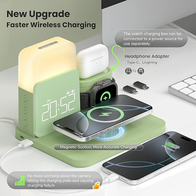 7 in 1 Charging Station for iPhone, Wireless Charging Station, Alarm Clock, Night Light, Wireless Charger for iPhone 17 16 15 14 13 12 Pro Max & Apple Watch - Charging Stand Dock for AirPods(Green)