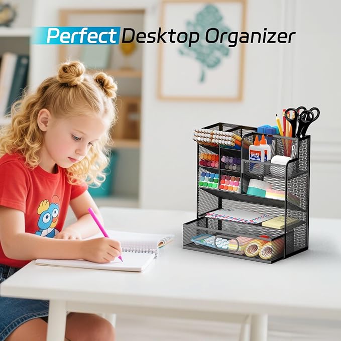 Pen Organizer for Desk - Multi-Functional Pencil Holder with Drawer Desk Organizers, Large Capacity Storage for School Office Home Supplies (Black)