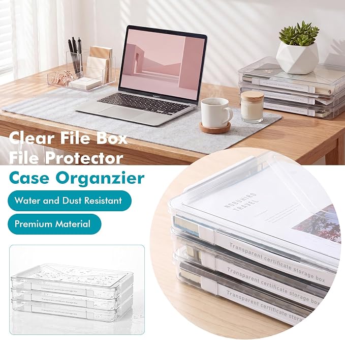 Novabright 3 Pack Clear Plastic File Boxes with Handle Portable Project Case Storage Bin with Lid Transparent Stackable Container Document Magazine Protector for A4 Paper Photo Scrapbook (White)