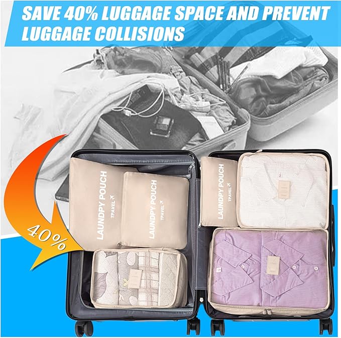 6 Set Packing Cubes for Travel Luggage Packing Bags Reusable Waterproof Suitcase Organizer Bags Set with Shoe Bag and Toiletry Bag (Beige‌)