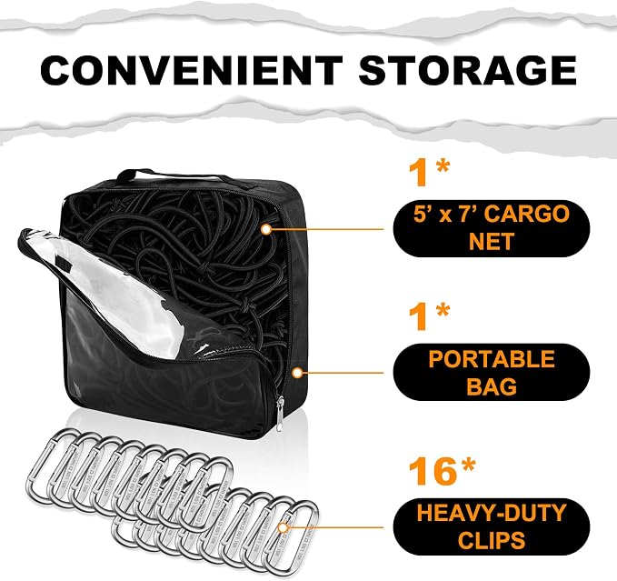 Seven Sparta 5’ x 7’ Bungee Cargo Net Stretches to 10' x 14' for Truck Bed, Pickup Bed, Trailer, Trunk, SUV with 16 Bonus D Clip Carabiners Car Organizer Net for Large Loads (Black, 5'x7')