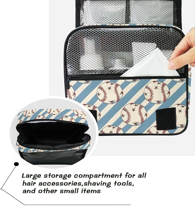 Hanging Travel Toiletry Bag Kit Boys Makeup Case Cosmetics Organizer for Men Women (Baseball Balls Star Blue Stipes)