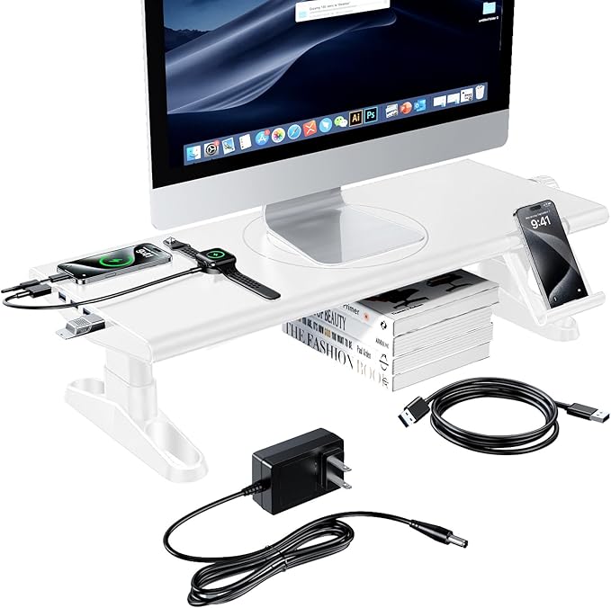 Computer Monitor Stand Riser for Desk with Usb Hub Charging,30W/5Gbps Usb C Docking Station with Power,4.4-5.7'' Height Adjustable with Phone Holder,Monitor Stands Riser for PC,Laptop,Printer(White)