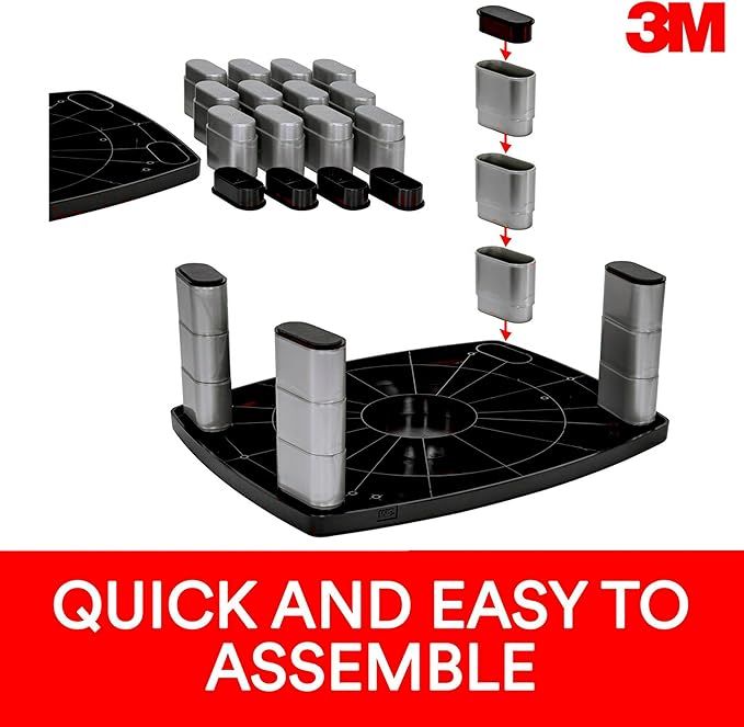 3M Adjustable Monitor Stand, Three Leg Segments, Simply Adjust Height from 1" to 5 7/8", Holds Up to 80 lbs, 11" Space Between Columns, Silver/Black (MS80B)