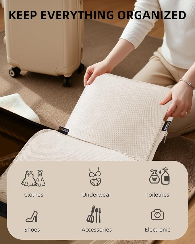 Compression Packing Cubes for Travel, 6-Piece Set (Large/Medium/Small), Double-Zip Luggage Organizers for Suitcase & Carry-On, Clothes Storage Bags (Cream White, 6 Pack)