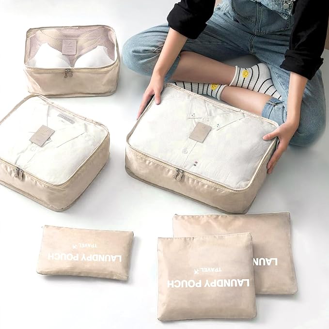 6 Set Packing Cubes for Travel Luggage Packing Bags Reusable Waterproof Suitcase Organizer Bags Set with Shoe Bag and Toiletry Bag (Beige‌)