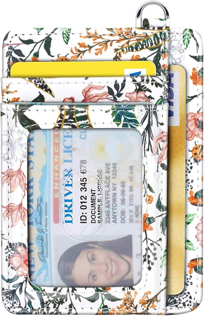 Coco Rossi Slim Front Pocket Wallet RFID ID Card Holder Cute Small Wallet with Keychian for Women,White Flowers