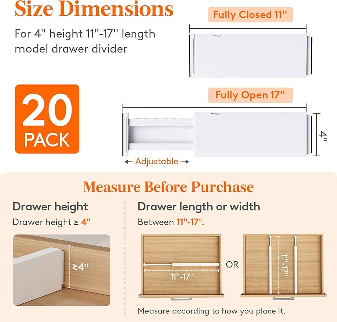 Lifewit 20 Pack 4" High Drawer Dividers 28-43.5cm/11-17" Adjustable Drawer Organizer for Clothes/Utensils, Expandable Drawer Separator in Dresser/Kitchen/Bedroom/Office Organization & Storage White